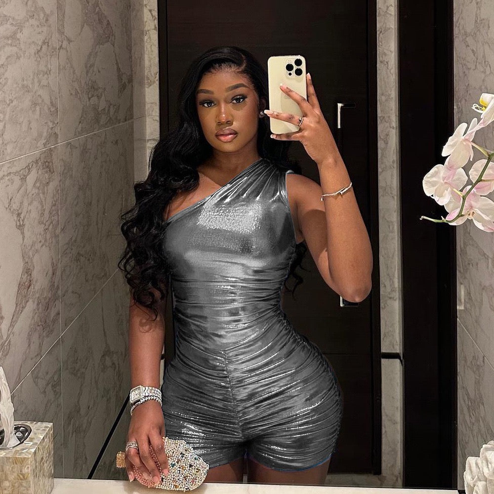 One Shoulder Metallic Sexy Romper