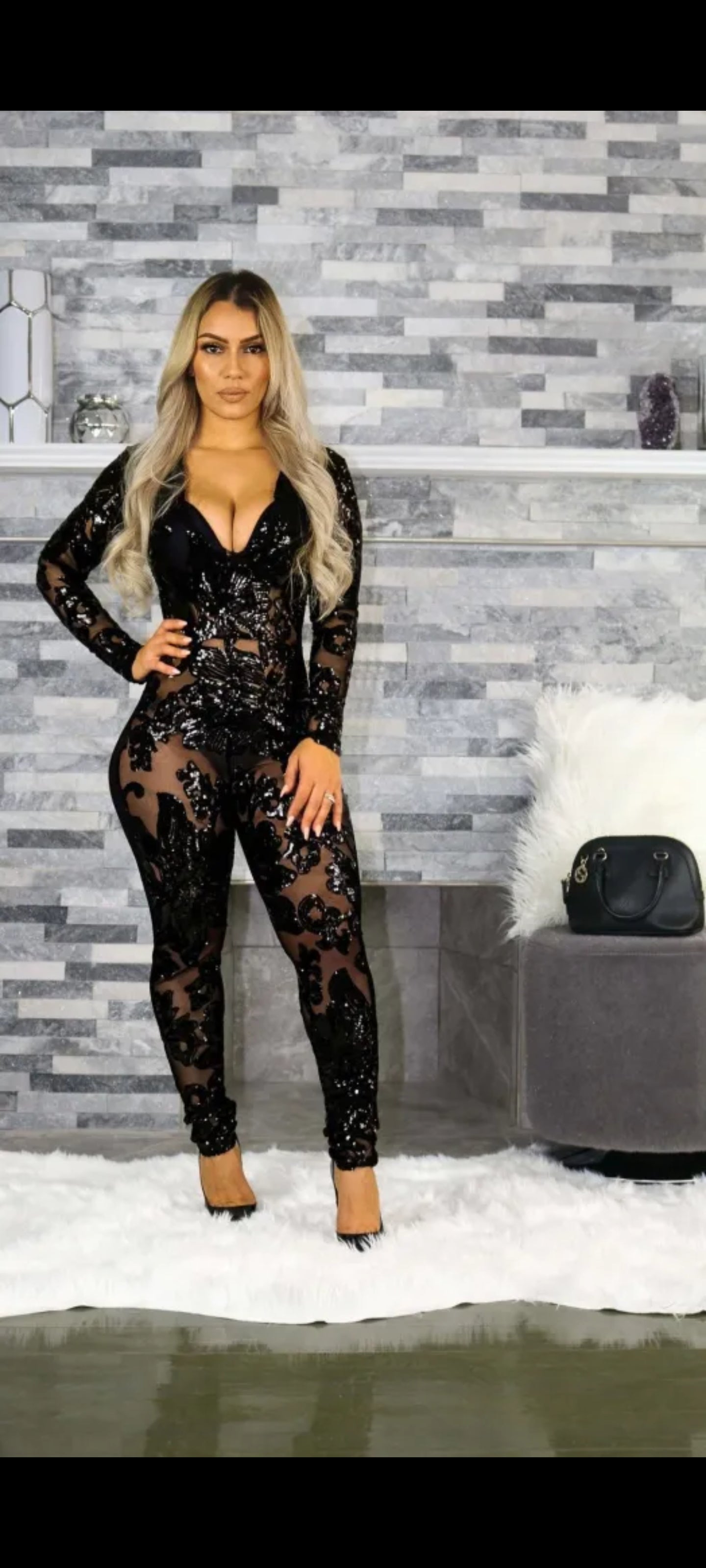 Plus Size Slim Sequins See-through Deep V Nightclub Jumpsuits