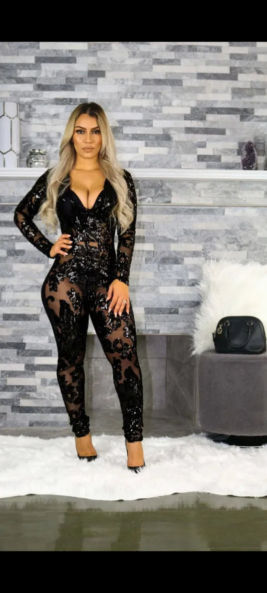 Plus Size Slim Sequins See-through Deep V Nightclub Jumpsuits
