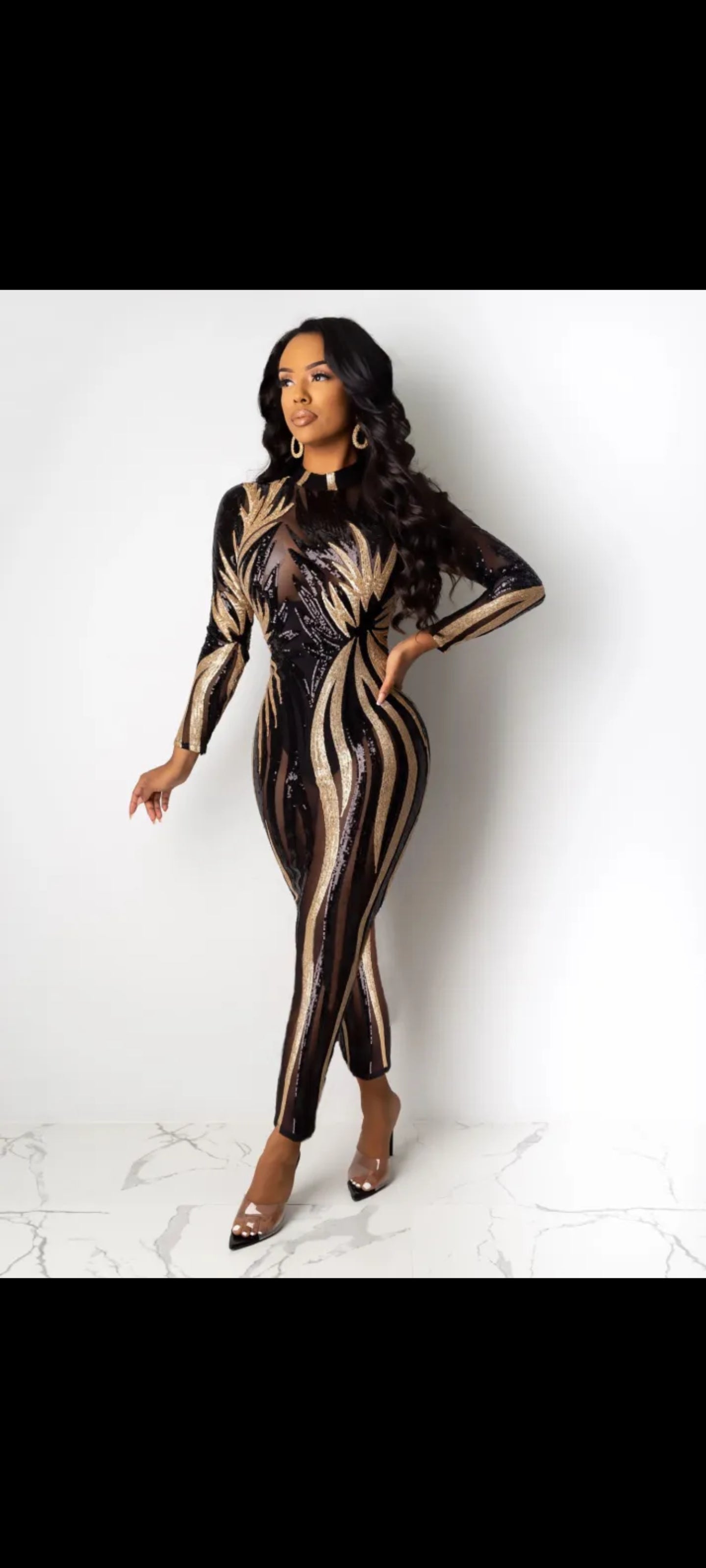 Slim Sequins See-through Deep V Nightclub Jumpsuit